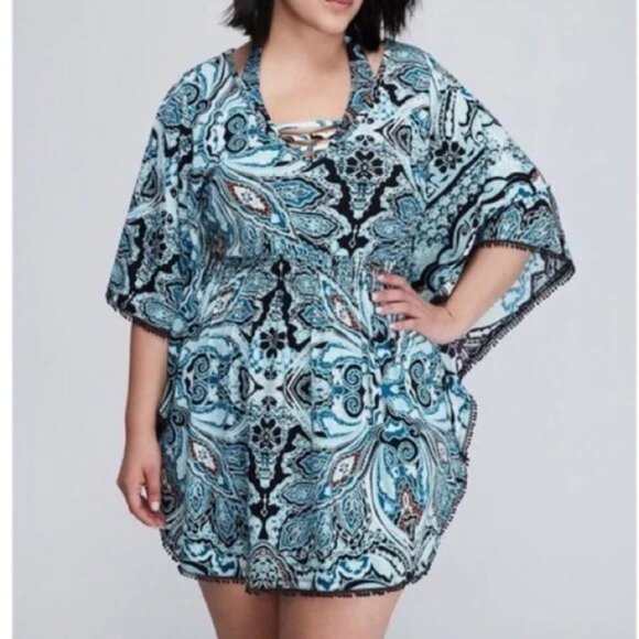 Cacique 3X 22/24 Swim Cover Up Blue Kaftan Cutout Back - Picture 1 of 9
